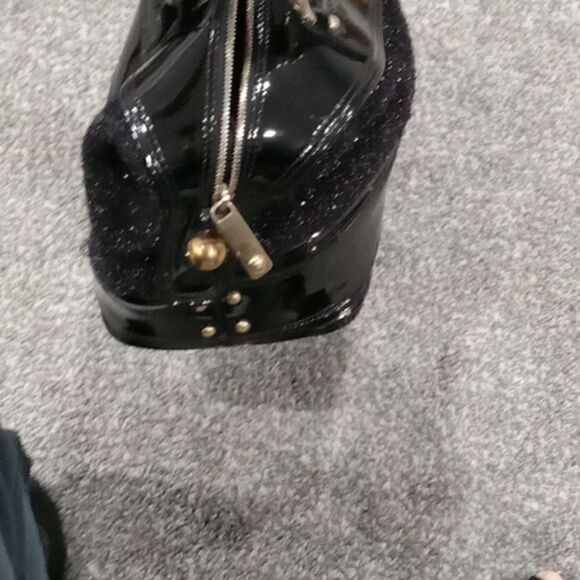 Emporio Armani black patent leather and polyester fuzzy sparkle 2 handle purse - Picture 5 of 7